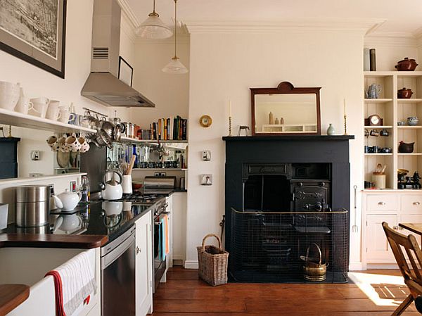 kitchen with black fireplace