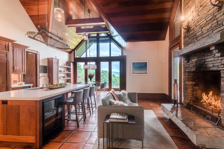 kitchen with fireplace and couch