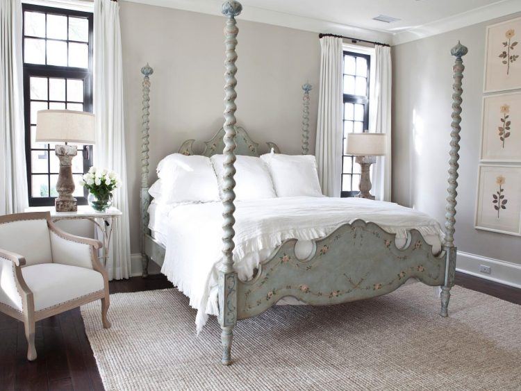 bedroom with gray four poster bed