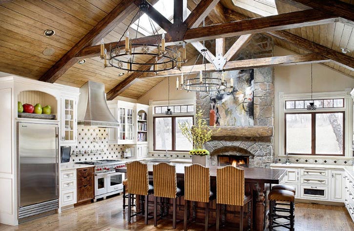 stone fireplace in kitchen