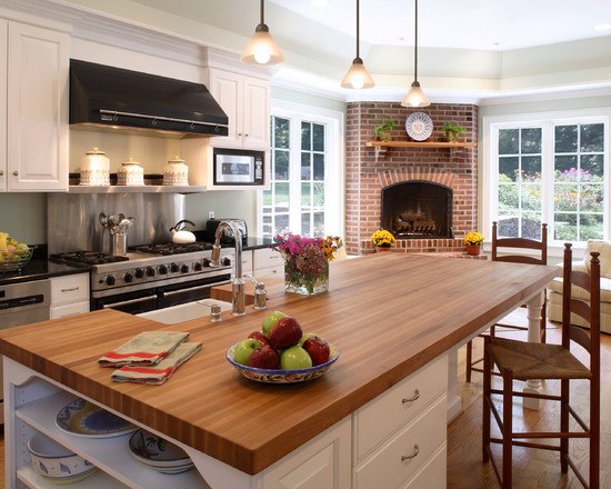 kitchen with brick fireplace