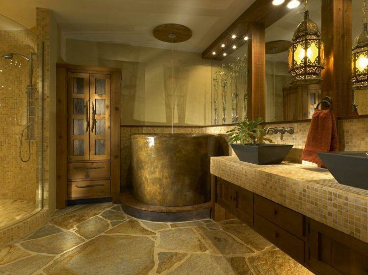 large bathroom with round tub