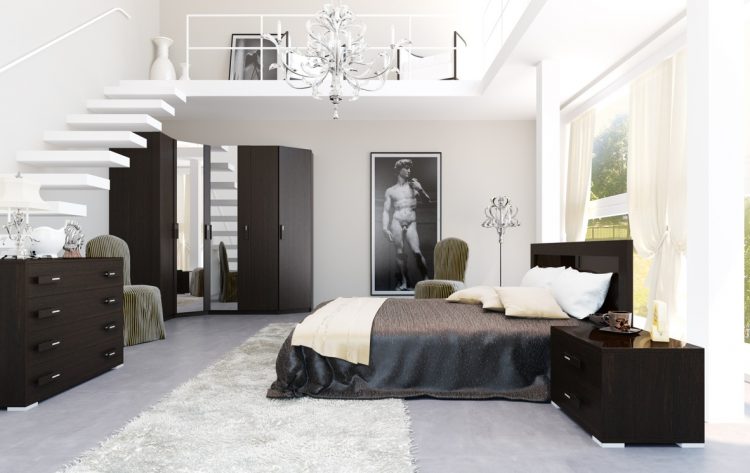 black and white bedroom with mezzanine