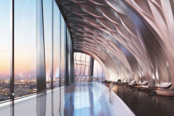 An indoor aquatic centre with infinity-edge pool will occupy the double-height crown level of the tower. Image: courtesy of Zaha Hadid Architects.