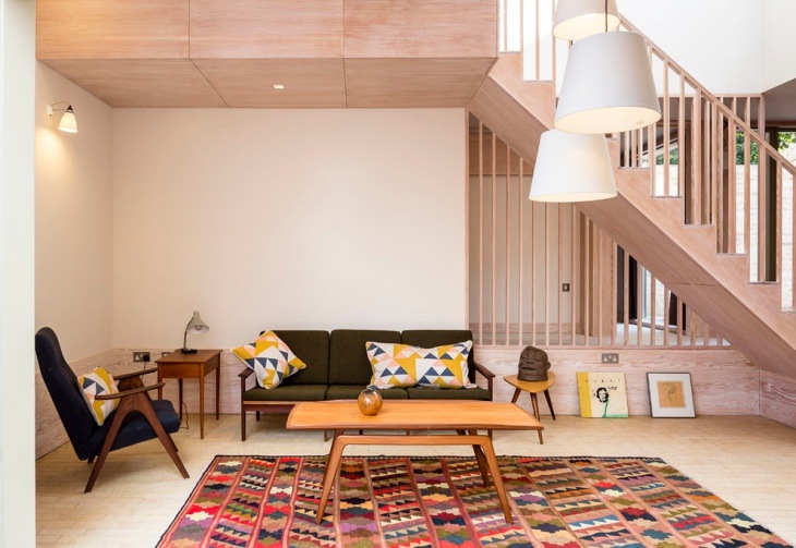 contemporary living room with retro table