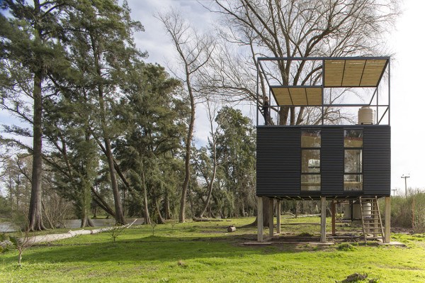 stilted small cabin with unique roof