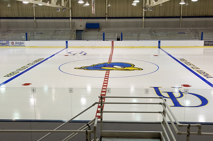 New graphics on the ice of the Fred Rust Ice Arena.