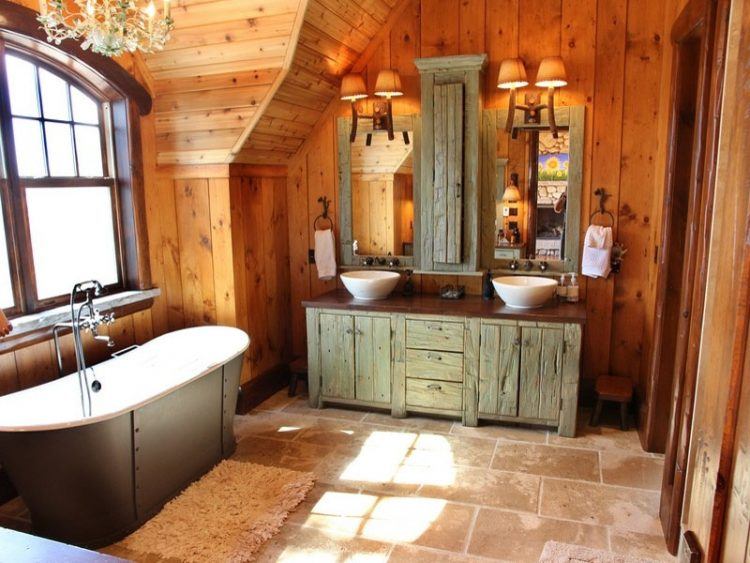 rustic country bathroom with green vanity