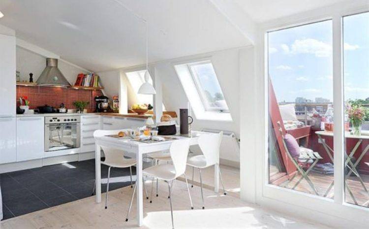 all white kitchen with slanted ceilings