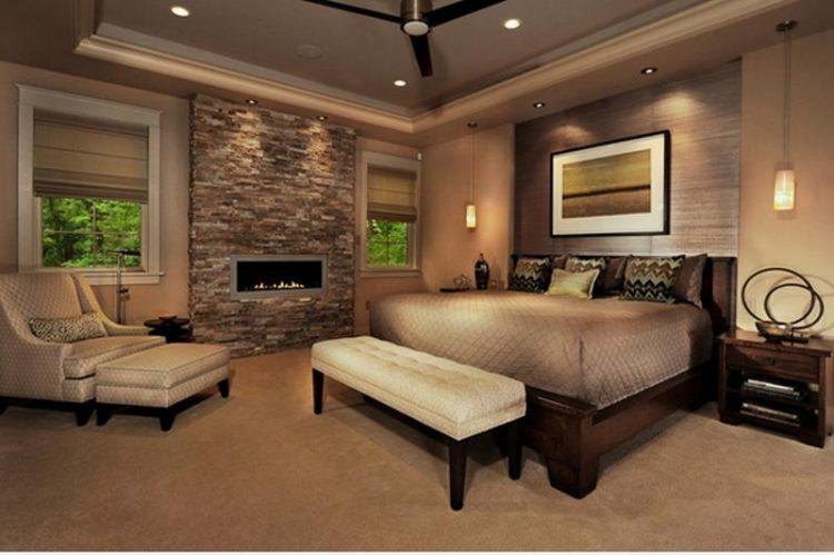 bold bedroom with stacked fireplace