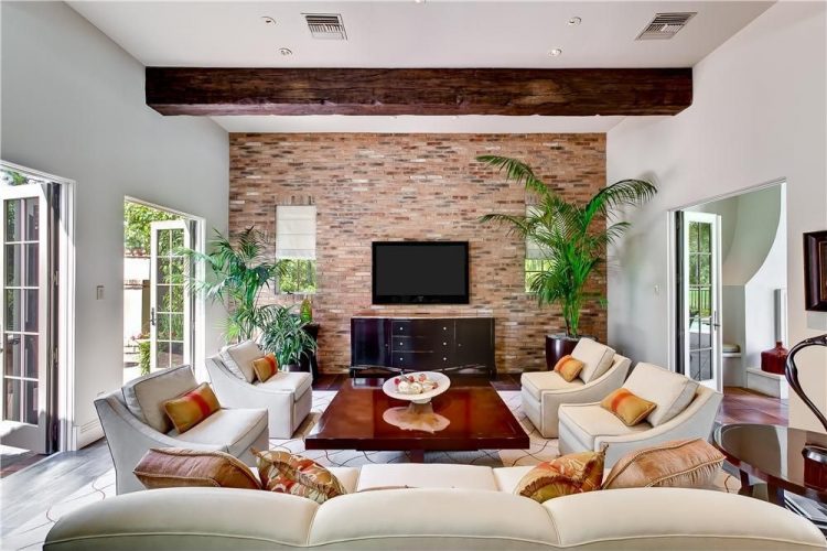 contemporary living room with accent wall