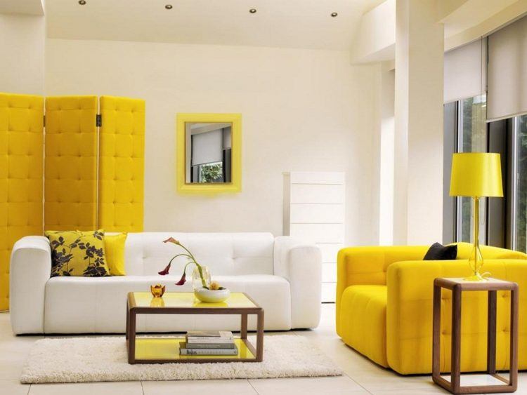 yellow and white living room furniture