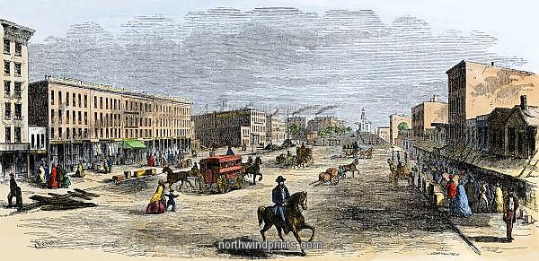 Randolph Street, Chicago, in the 1850s. Hand-colored woodcut of a 19th-century illustration