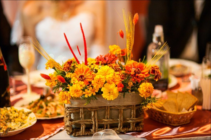 basket of flowers on table