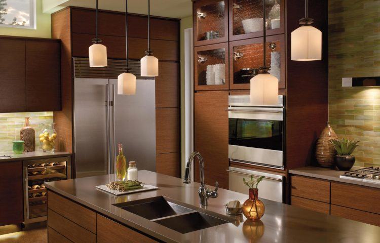 kitchen with hanging lamps