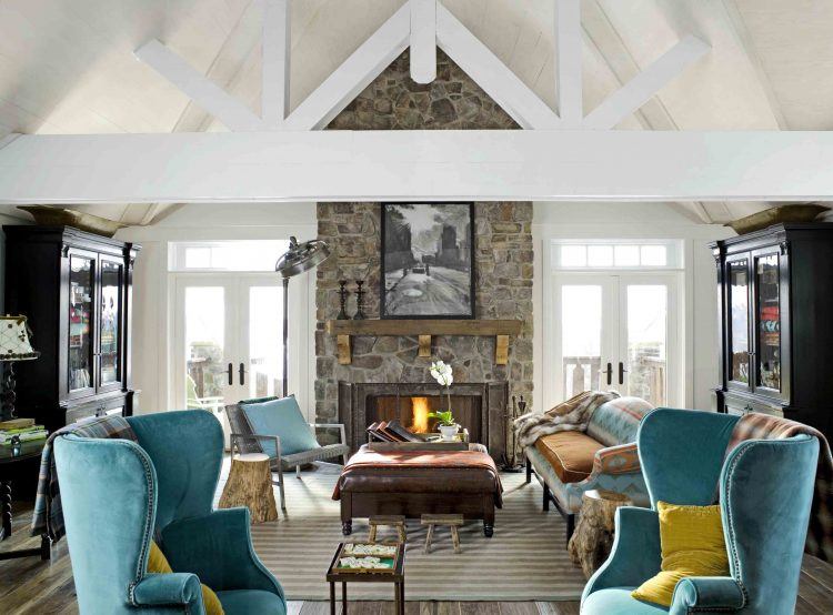 living room with vaulted ceilings