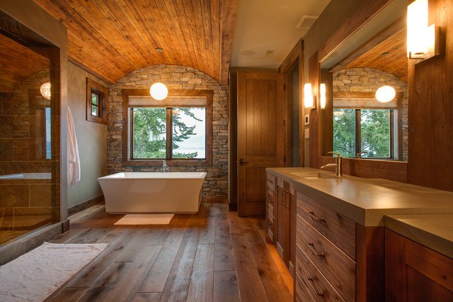 rustic bathroom with wooden ceiling