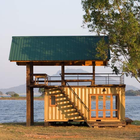 shipping container cabin near the water