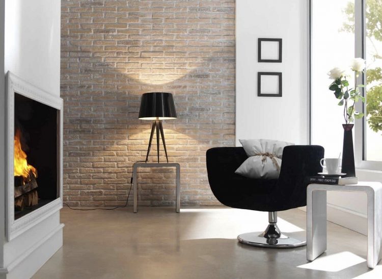 nice living room with brick accent wall