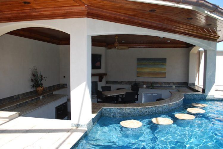 swim up bar with travertine