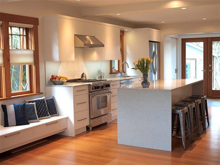 white kitchen with window seat