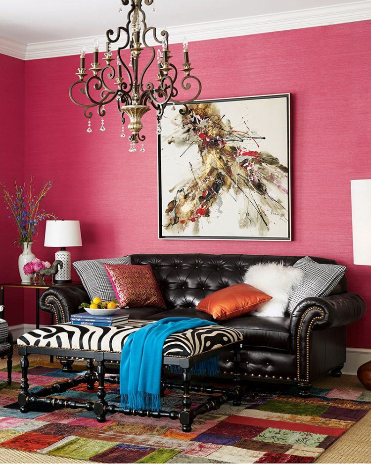 living room with pink walls