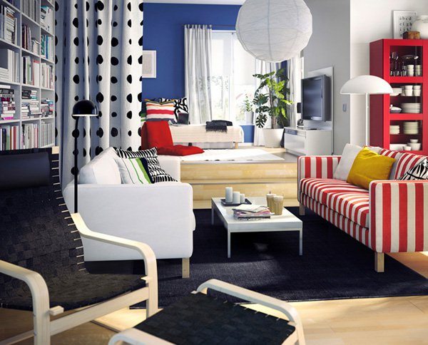 small living room with red and white couch