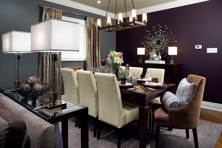 dining room with purple accent wall