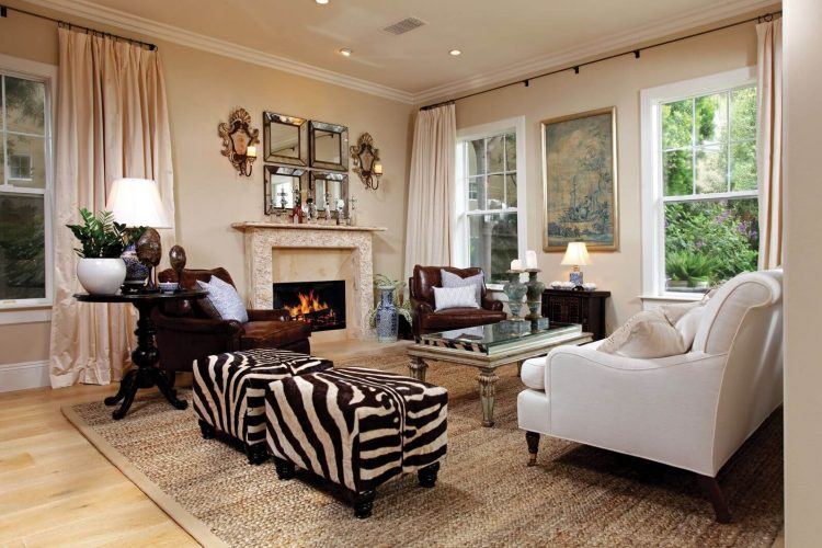 living room with zebra foot stool