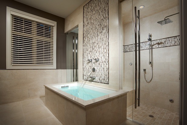 bathroom with square shaped tub