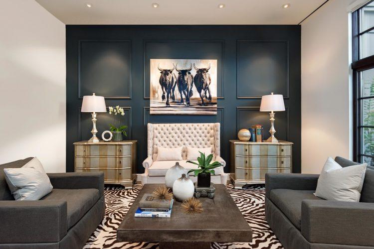 living room with brown zebra rug