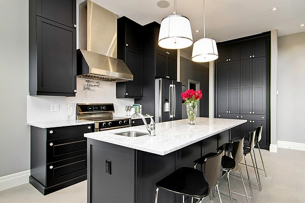 minimalist kitchen with black cabinets