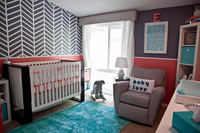 baby room with striped walls