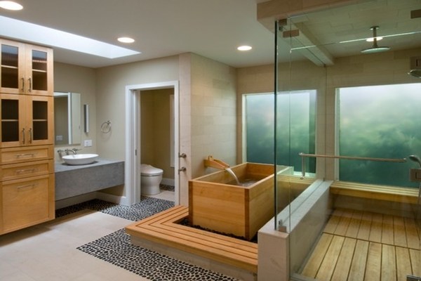 wooden bathtub on wooden platform