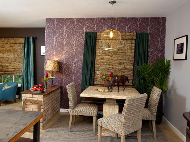 purple accent wall in dining space