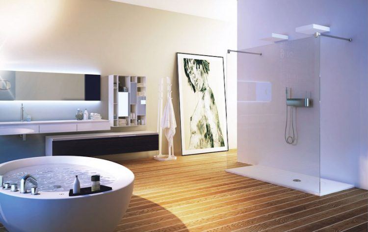 luxury bathroom with freestanding tub and glass shower