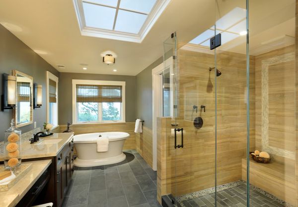 modern yellow bathroom with skylight and glass shower