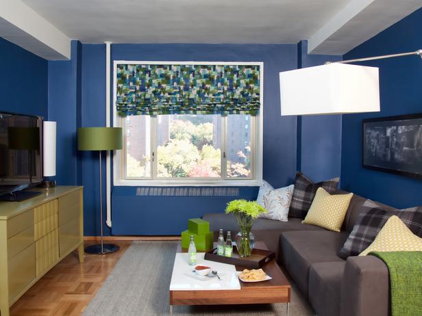 small living room with blue walls