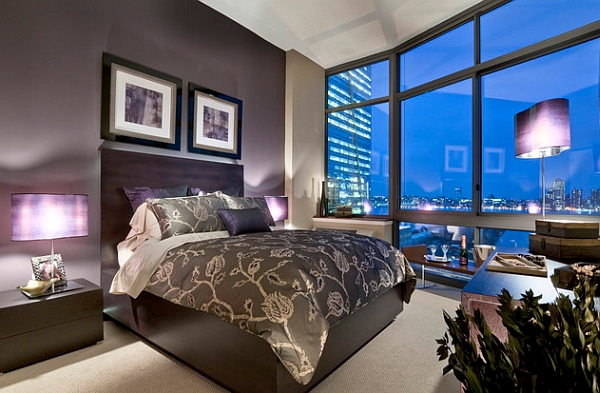 bedroom with purple accent wall