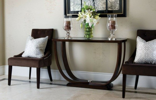 glass top hallway table with brown base