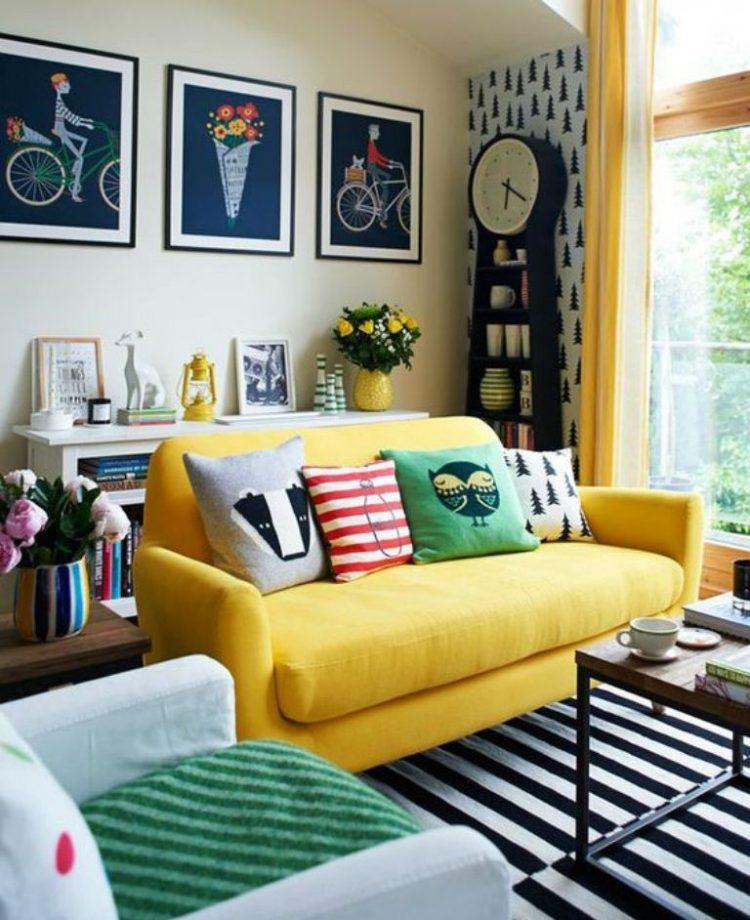 small living room with bright yellow sofa