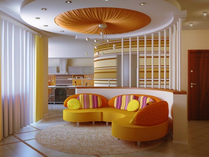 bright living room design with colorful couch