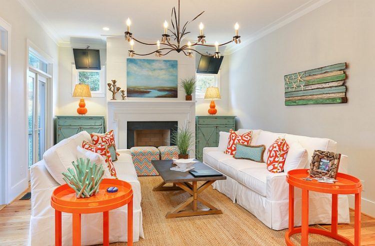 living room with orange table