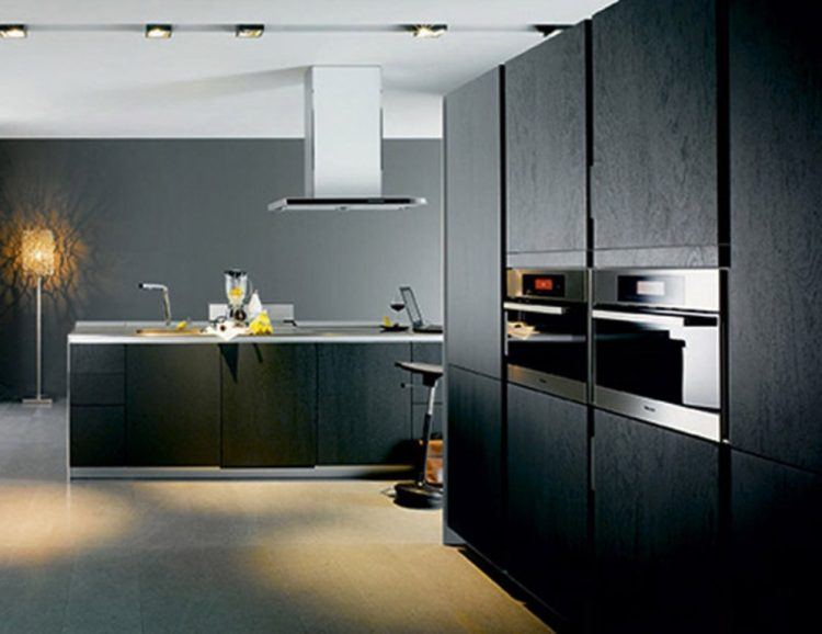 modern kitchen with large black island