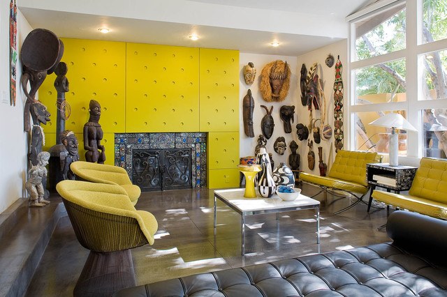 living room with bright yellow walls