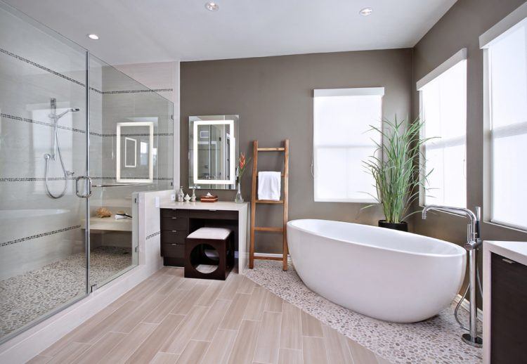 bathroom with wooden and tile flooring