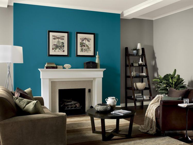 living room with beautiful blue accent wall