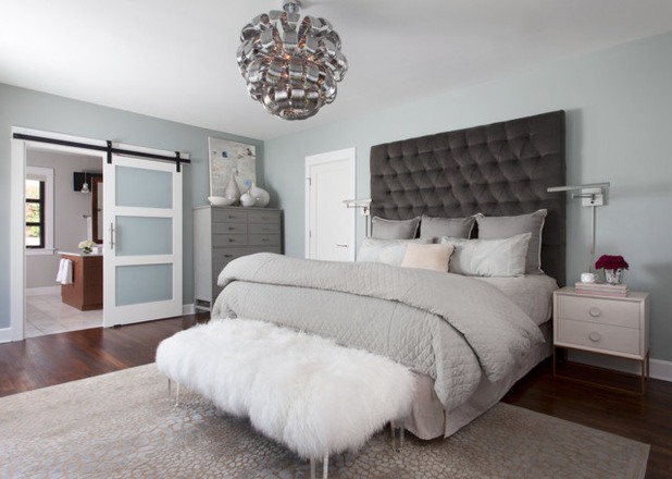 contemporary bedroom with custom hanging lamp