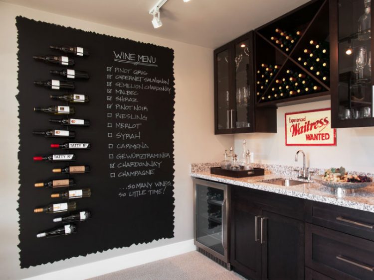 kitchen with large chalk wine menu