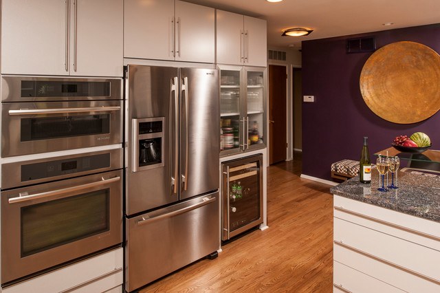 contemporary kitchen with purple wall